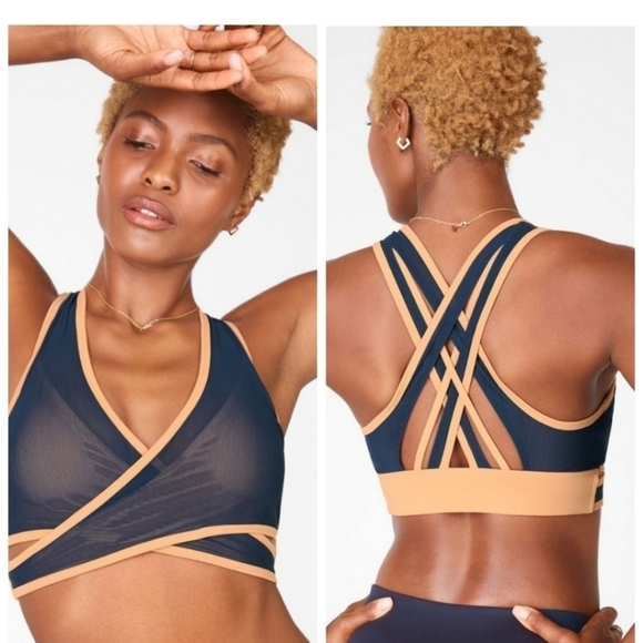 Fabletics size large blue and beige crisscross sports bra NWOT - Picture 1 of 8